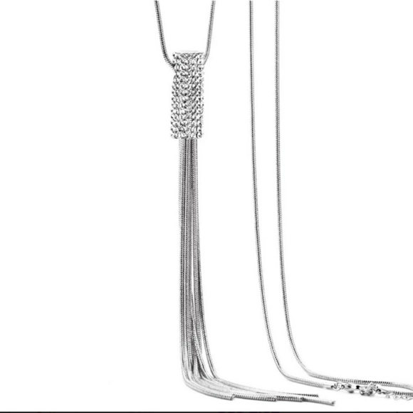Tassel Necklace Pave Rhinestone & Silver Tone - Picture 3 of 9